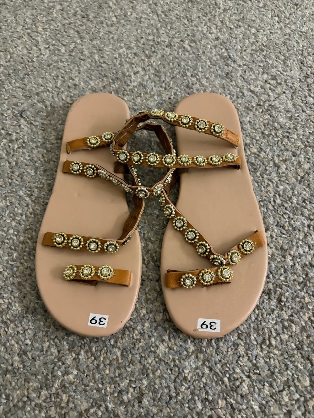 Embellished Tan Strappy Flat Sandals